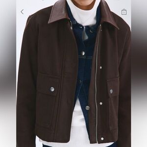 Mango Brown Field Jacket with Leather-Trim Collar